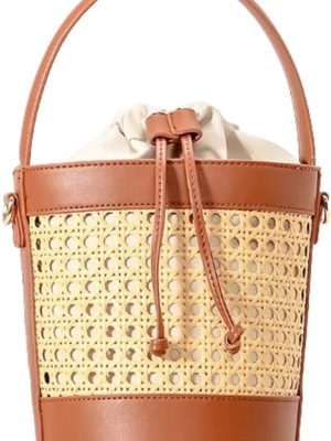 Rattan Bucket Bag for Women Straw Beach Drawstring Crossbody Purse with PU Leather Shoulder Strap