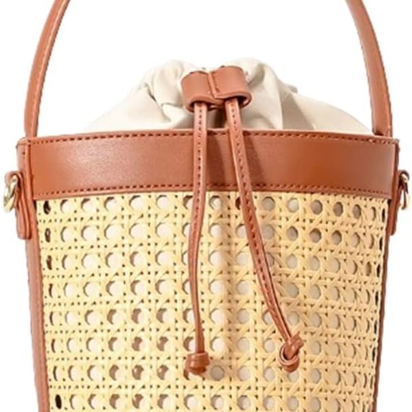 Rattan Bucket Bag for Women Straw Beach Drawstring Crossbody Purse with PU Leather Shoulder Strap