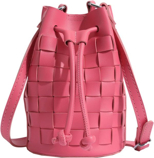 Bucket for Women, Mini Leather Woven Bucket Bag Drawstring Crossbody Bucket Handbags