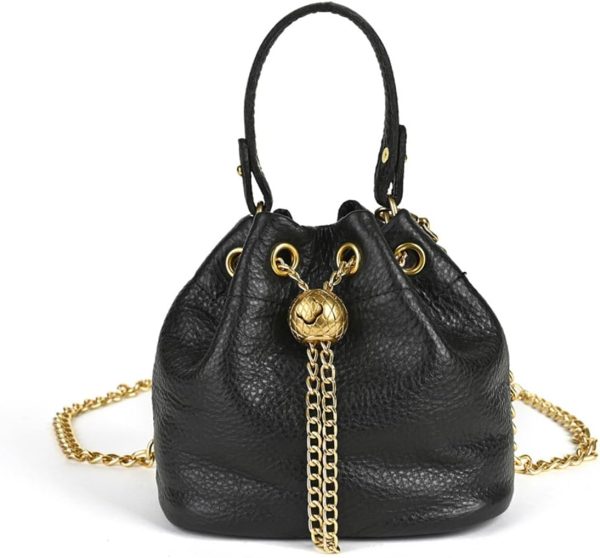 Genuine Leather Bucket Shoulder Bag for Women with Chain Strap and Elegant Crossbody Style