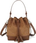 Faux Suede Bucket Bag for Women Drawstring Crossbody Purse Medium Tote Handbag with Dual Shoulder Straps and Removable Long Strap