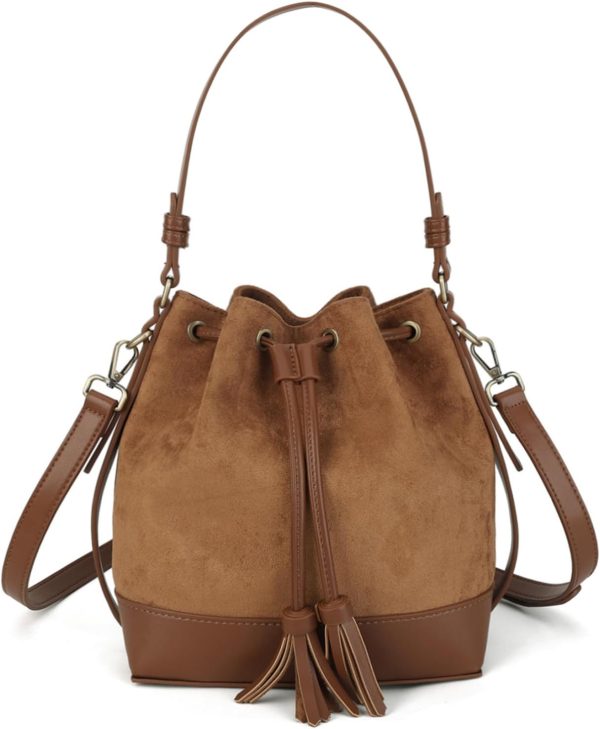 Faux Suede Bucket Bag for Women Drawstring Crossbody Purse Medium Tote Handbag with Dual Shoulder Straps and Removable Long Strap