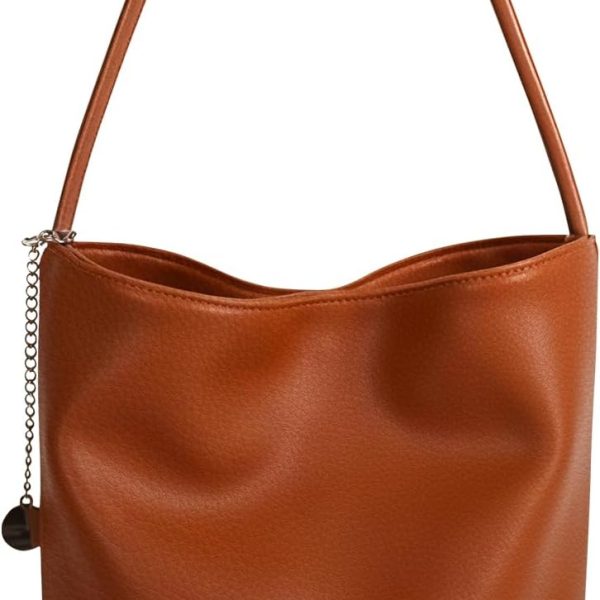 Soft Leather Bucket Bag for Women Shoulder Purse with Handle and Zipper Pocket Commuter Tote Design