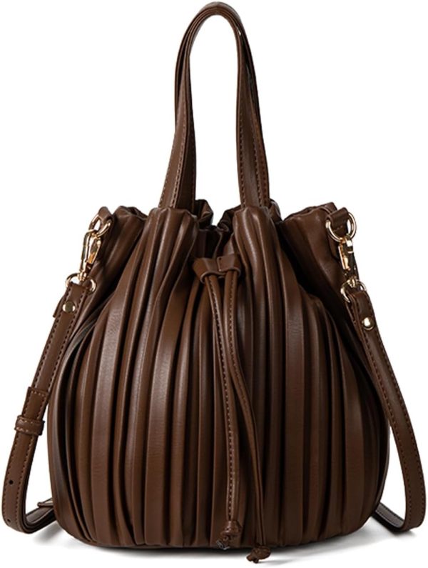 Bucket Bags for Women, Mini Leather Drawstring Crossbody Bucket Pleated Shoulder Handbags