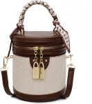 Mini Bucket Crossbody Purse for Women Vegan Leather Round Handle Shoulder Handbag