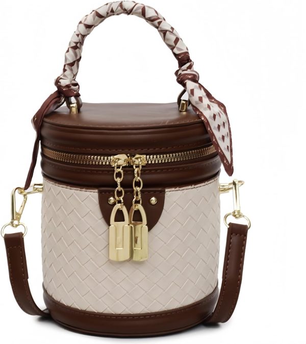 Mini Bucket Crossbody Purse for Women Vegan Leather Round Handle Shoulder Handbag