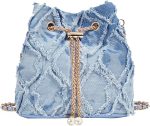 Denim Quilted Bucket Bag for Women Drawstring Shoulder Handbag with Chain Strap and Crossbody Design