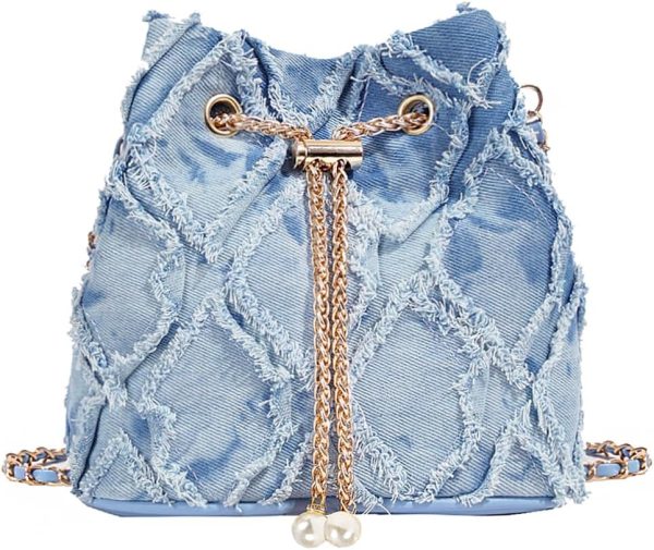 Denim Quilted Bucket Bag for Women Drawstring Shoulder Handbag with Chain Strap and Crossbody Design