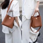 Genuine Leather Bucket Tote Bag for Women Small Trendy Crossbody Shoulder Handbag with Adjustable Strap