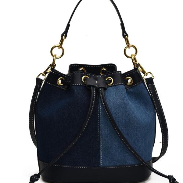 Denim Bucket Bag for Women Trendy Drawstring Jean Crossbody Shoulder Purse