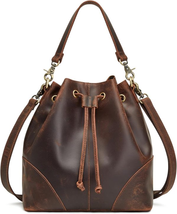 Genuine Leather Bucket Bag for Women Drawstring Crossbody Shoulder Handbag with Top Handle and Dual Straps