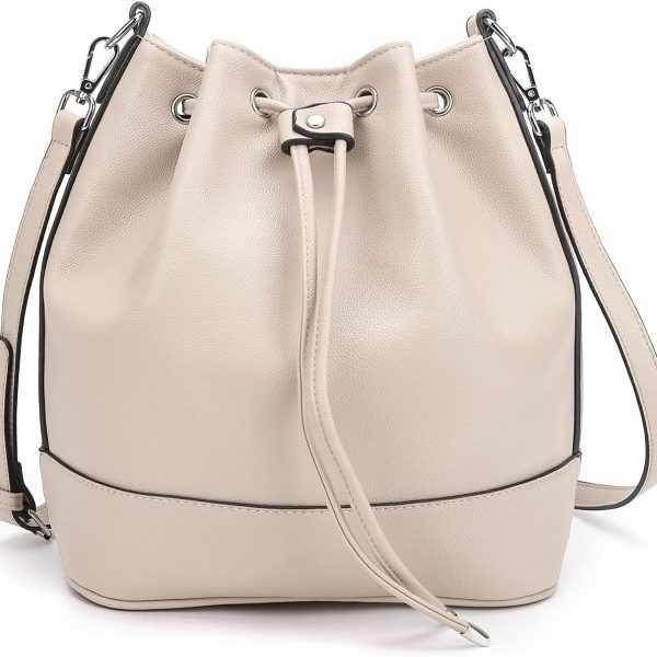 Leather Bucket Bags and Drawstring Crossbody  for Women Medium Tote and  Handbags with 2 Shouder Straps