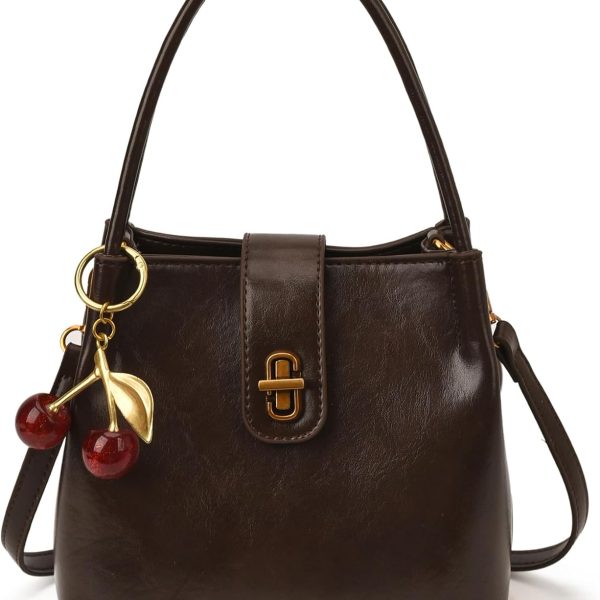 Small Satchel Bucket Purse for Women Vegan Leather Tote Shoulder Bag Retro Top Handle Crossbody Handbag