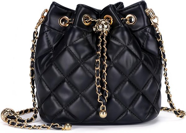 Women’s Quilted Bucket Bag Leather Chain Shoulder Purse Crossbody Handbag