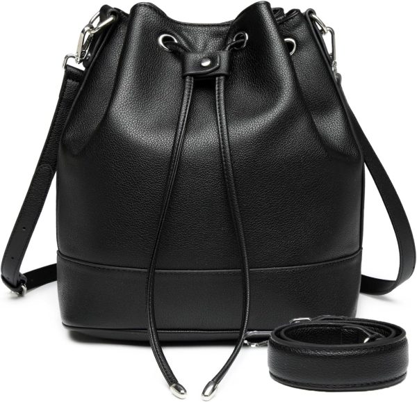 Leather Bucket Bag for Women Drawstring Crossbody Purse Medium Tote and  Handbag with Two Shoulder Straps