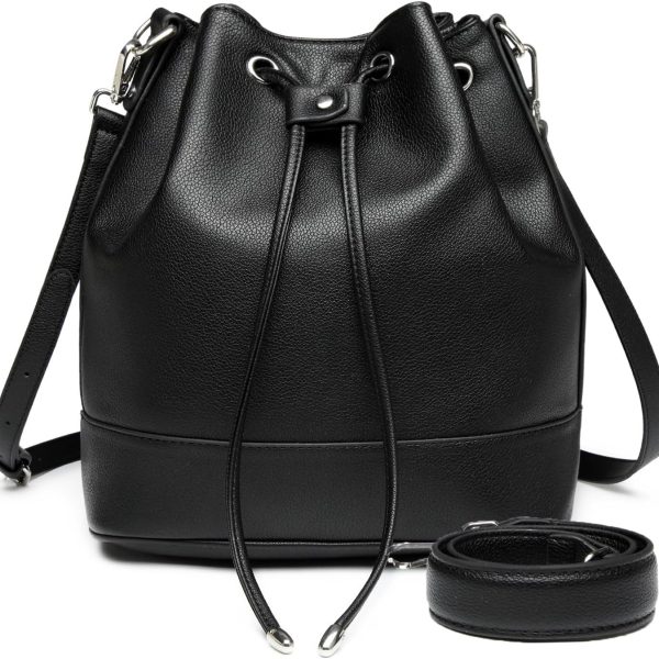 Leather Bucket Bag for Women Drawstring Crossbody Purse Medium Tote and  Handbag with Two Shoulder Straps