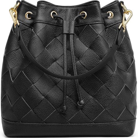 Woven Leather Bucket Bag for Women Drawstring Crossbody Shoulder Purse with Dual Straps