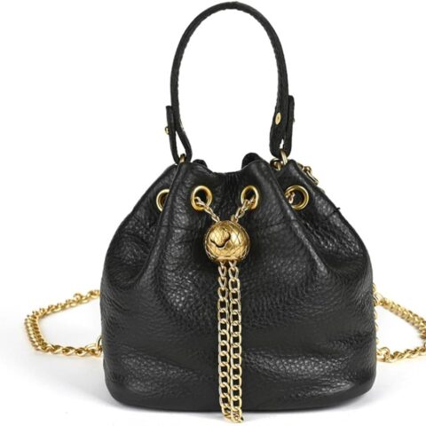 Genuine Leather Bucket Shoulder Bag for Women with Chain Strap and Elegant Crossbody Style