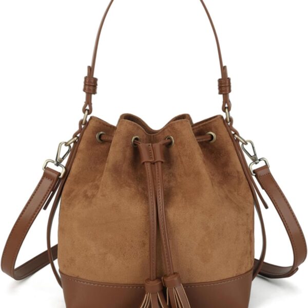 Faux Suede Bucket Bag for Women Drawstring Crossbody Purse Medium Tote Handbag with Dual Shoulder Straps and Removable Long Strap