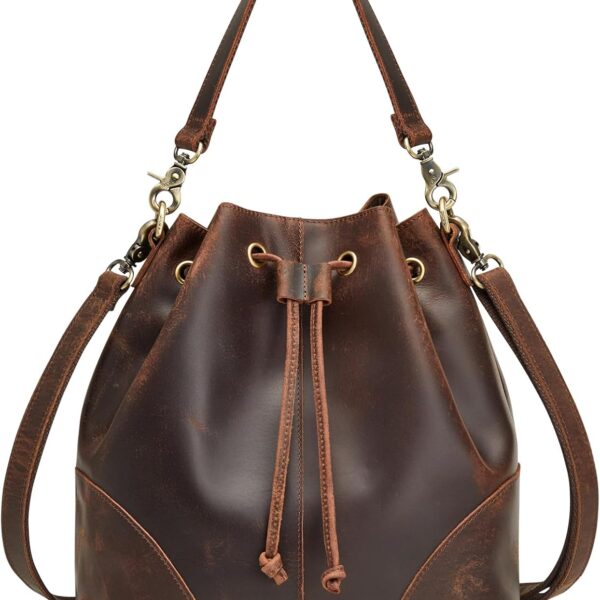 Genuine Leather Bucket Bag for Women Drawstring Crossbody Shoulder Handbag with Top Handle and Dual Straps