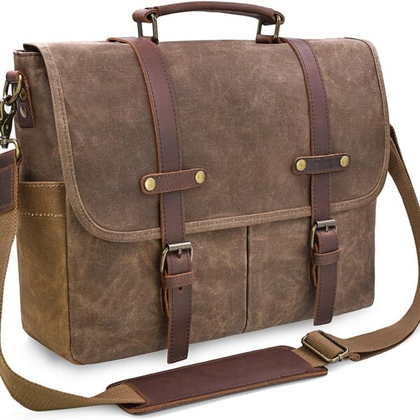 Waterproof Leather Canvas Messenger Bag for 15.6 Inch Laptop
