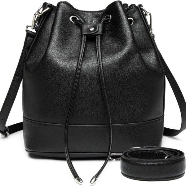 Leather Bucket Bag for Women Drawstring Crossbody Purse Medium Tote and  Handbag with Two Shoulder Straps