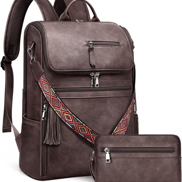 Vintage PU Leather Laptop Backpack Waterproof Travel Daypack
